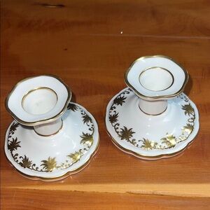 Vintage RARE Aynsley Elegant Gold and White Candle Holders Set of 2